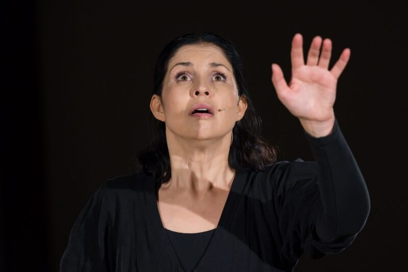 Eva Ventrubová (v mnoha rolích divadla jednoho herce) v mysteriích Daria Fo Vraždění neviňátek a Marie pod křížem. Divadlo poq v Červeném kostele.